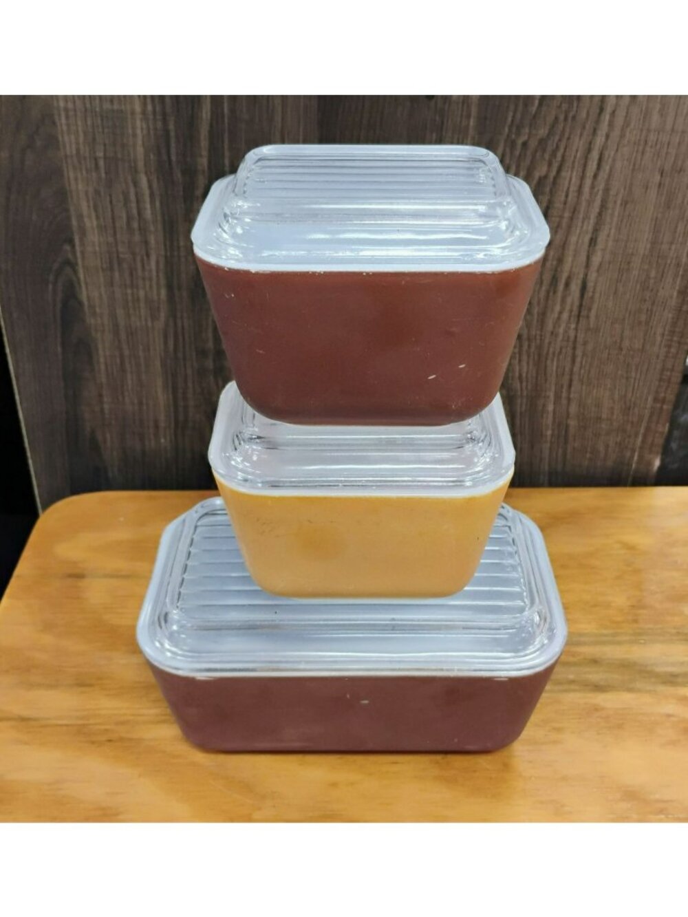 Vintage Pyrex Old Orchard Refrigerator Dishes Set of 3 with Lids, 501 502 Brown